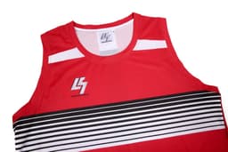 A red singlet with white and black stripes, featuring a logo on the front.