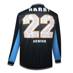 A black varsity jacket with blue sleeves and the number 22 prominently displayed on the back, featuring a logo.