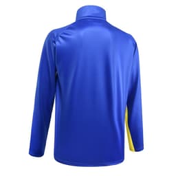 A blue and yellow sublimated pullover featuring a high collar and long sleeves, with a logo on it.