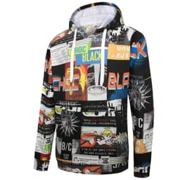 A vibrant black hoodie featuring a collage of graphics and patterns, complete with a hood and drawstrings.