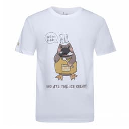 A white cotton t-shirt featuring a cartoon platypus in a chef's outfit with a playful slogan.