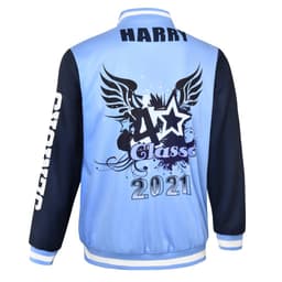 A light blue and navy leavers jacket featuring graphic designs and a logo, with 'HARRY' printed on the back.