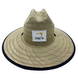 A beige bucket hat with a wide brim and a navy blue trim, featuring a logo on the front.