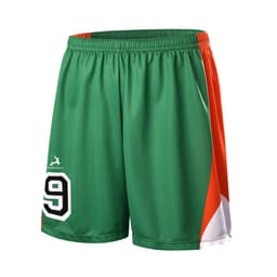 Green and orange junior soccer shorts featuring a number 9 and a logo on the side.