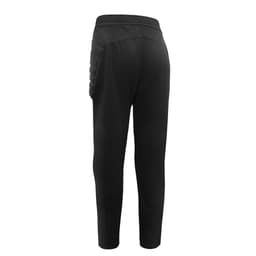 Black soccer goalkeeper pants featuring padded protection on the sides and a rear view design. Includes a logo.