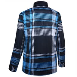 A flannel shirt featuring a blue and black checked pattern, with a collar and long sleeves. It has a logo on the back.