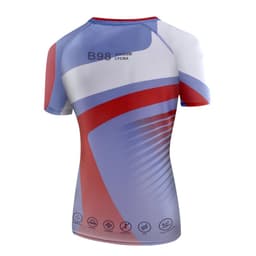 A swimwear top featuring blue, red, and white colours with a fitted design. It has a logo on the back.