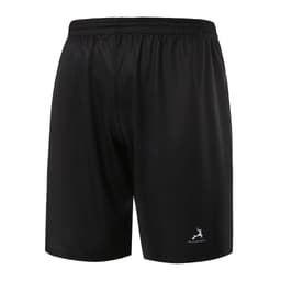 Black basketball shorts with an elastic waistband and a branding logo on the lower right side.