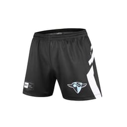 Black volleyball shorts featuring a side stripe and a logo on one leg.