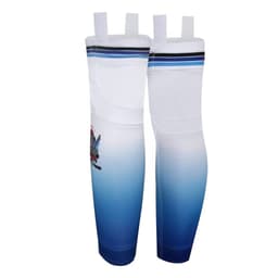 Ice hockey socks in white with blue gradient shading and a logo on one side. Features dual top straps for secure fitting.