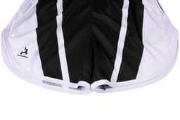 Black and white lady's sports shorts with a logo, featuring bold stripes and a lightweight design.