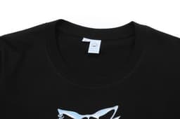A black cotton t-shirt featuring a round neckline and a logo on the front.