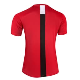 A red uniform t-shirt featuring a black stripe and a white tag on the back. It has a branded logo.