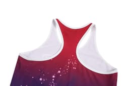 A women’s running suit in shades of red and purple, featuring a racerback design and a logo.