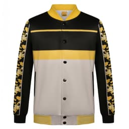 A jacket in black, yellow, and cream with patterned sleeves and a logo on the front.