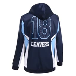 A navy hoodie with white and sky blue accents featuring the number "18" and the word "LEAVERS" on the back, plus a logo.