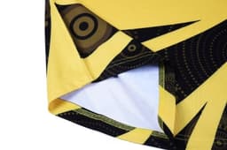 A sports vest featuring a vibrant yellow design with black patterns and a logo.