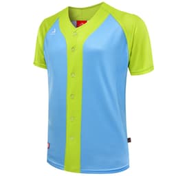 A baseball full button tee in blue and lime green, featuring a logo on the chest.