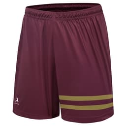 Maroon shorts with two olive green stripes at the hem and an unbranded logo on the lower left.
