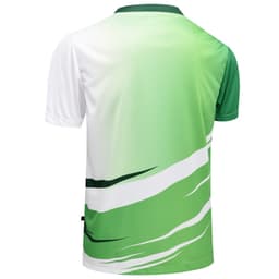 A multi-sport T-shirt featuring a green and white gradient design with abstract lines. It includes a logo.