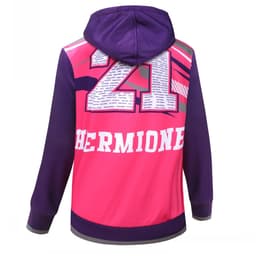 A hooded sweatshirt featuring a vibrant pink and purple design, with a large number and text on the back, plus a logo.