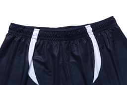 Custom shorts in navy blue with white accents, featuring an elastic waistband and logo placement.