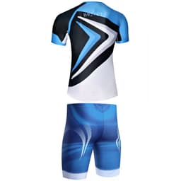 A blue and black sports uniform with a sleek design, featuring a logo, includes a short-sleeve top and matching shorts.