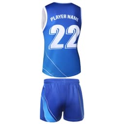 A blue sports uniform featuring a sleeveless jersey and matching shorts, with a logo and player number.