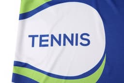 A blue and green tennis team uniform featuring a logo and text design, suitable for sports activities.