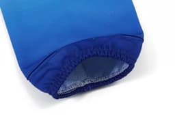 Blue ice hockey socks with a gathered elastic top, designed for a snug fit. Features a logo on the material.