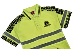 Hi-Vis reflective polo in bright yellow with black detailing and a logo. Features stripes and a collar.