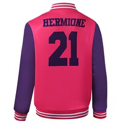 A pink and purple varsity jacket featuring a name on the back and a number, with striped cuffs and collar.
