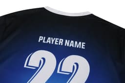 A soccer uniform t-shirt in black and blue with a player number and a placeholder for a name.