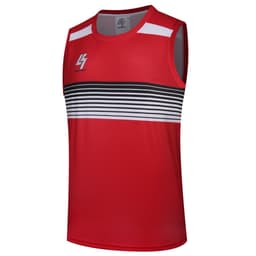 A red singlet featuring horizontal black and white stripes across the chest and a logo on the front.