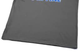 A grey cotton t-shirt featuring a logo on the front, showcasing a classic crew neck design.