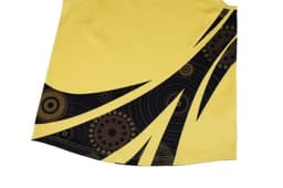 A yellow sports vest with a black and brown abstract design. It features a logo on one side.
