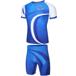 A blue athletics uniform tight featuring a short-sleeve top and matching shorts, with a logo present.