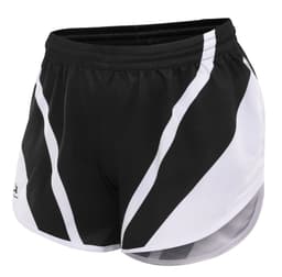 Black shorts with white diagonal stripes, featuring a logo on the side.
