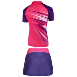 A red cycling jersey with a gradient design and matching black shorts, featuring a logo on the jersey.