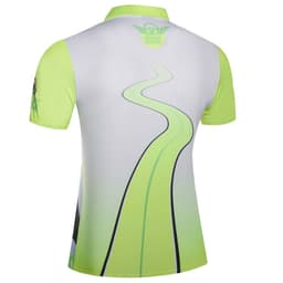 A polo shirt in green and white featuring a road design and a logo. The shirt has short sleeves and a collar.