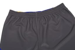 A pair of grey shorts with a waistband and blue accents, displaying a branding logo.