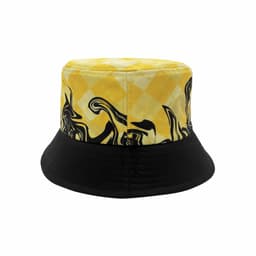 A yellow and black sublimated bucket hat featuring an abstract design and a logo.