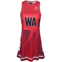 A red netball dress featuring a sleeveless design, a central pocket, and a geometric pattern. It has a logo.