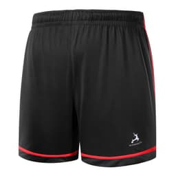 Black soccer shorts with red detailing and an elastic waistband, featuring a logo on the lower leg.