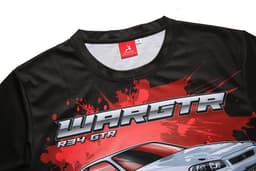 A black racing T-shirt featuring a graphic design with red and grey accents. It has a logo tag on the collar.