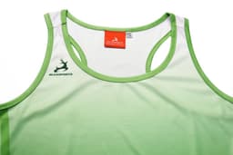 A green racer back singlet featuring a logo and a size tag, designed for running.
