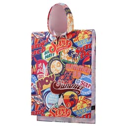 A colourful poncho towel featuring a vibrant summer print, complete with a hood. It has a branded logo.