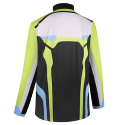 A thick pullover quarter zip in black, lime green, and blue, featuring a colourful design and a logo.