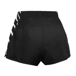 Black football shorts with a contrasting striped design on the sides and an elastic waistband. Features a logo.