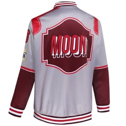 A reversable varsity jacket in grey with maroon accents and a large graphic on the back, featuring a logo.